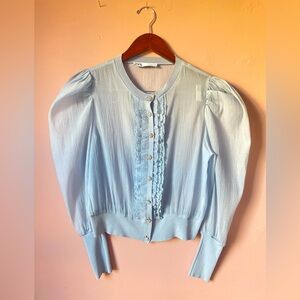 Sheer organza balloon sleeves with accents rhinestone buttons in Baby Blue color